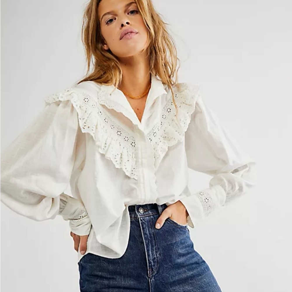 Free People White Lace Trim Blouse